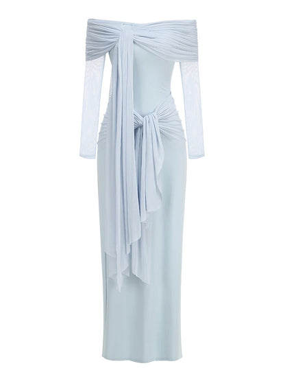 Sexy Slash Neck Mesh Long Sleeve Patchwork Maxi Dress Women Light Blue Off Shoulder Tie Ruched Slim Dresses Evening Party Gowns