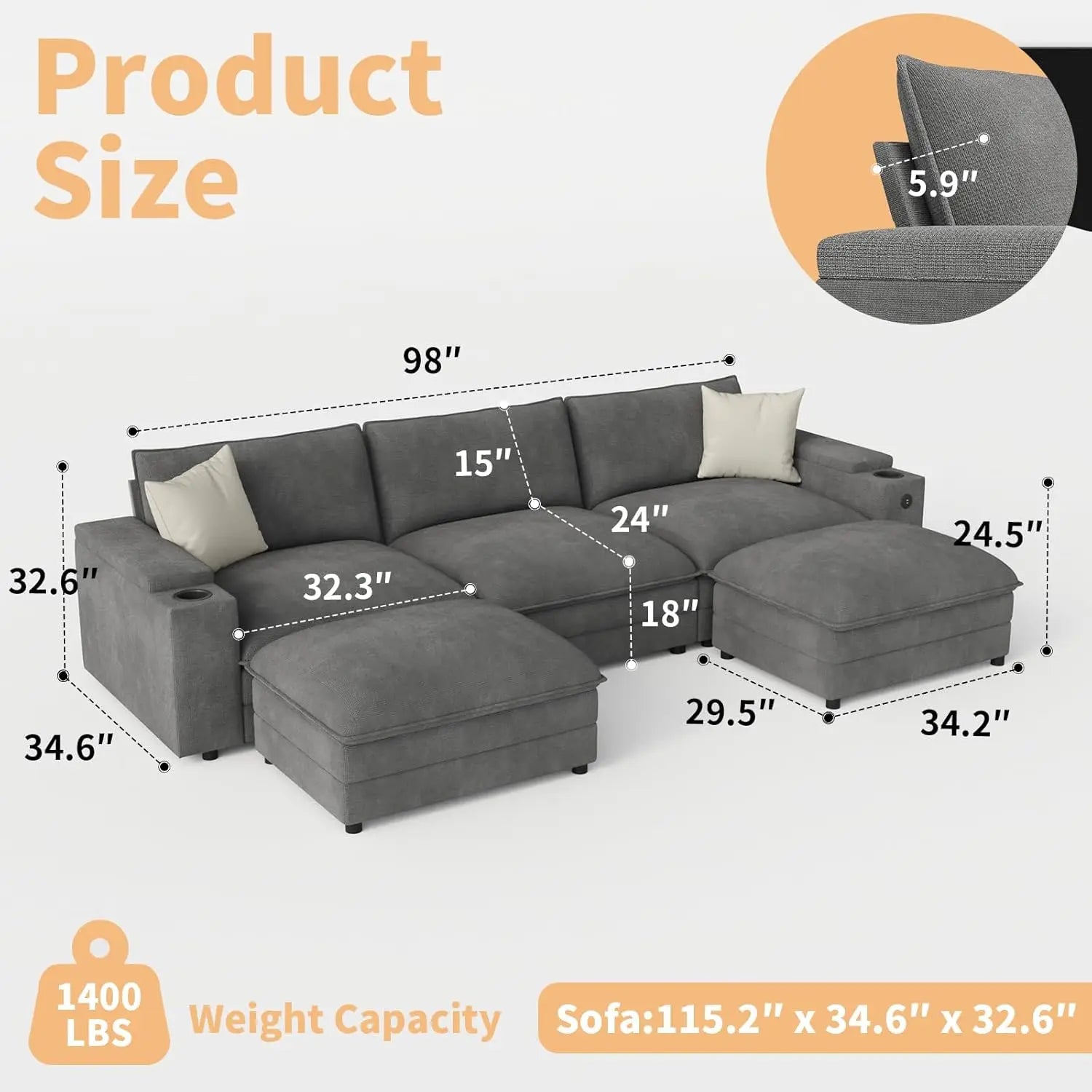 U-Shaped Sectional Sofa Ottoman Storage Armrest USB Ports Spring Cushion Solid Wood Chenille Living Room 115", Customized - Kimlud