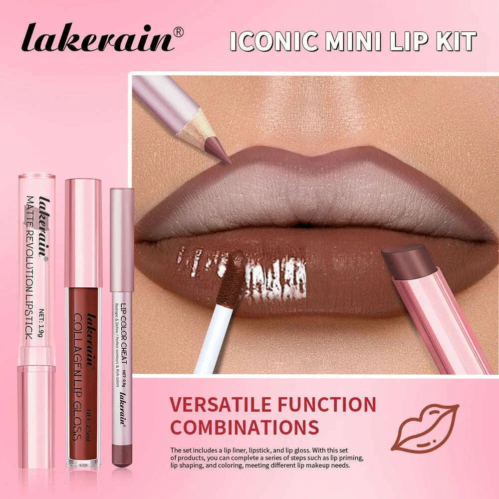 3pcs Lip Makeup Set Lip Liner Lip Gloss Lipstick Mirror Effect Beep Lips High Color Long-lasting Hydrates Travel Mini Set
