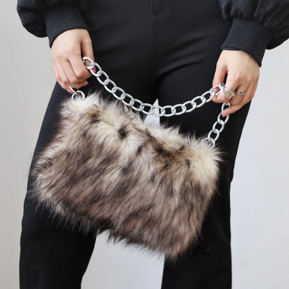 Luxury Leopard Design Plush Underarm Bag for Women Winter Faux Furry Chain Shoulder Bags Female Furry Dinner Purse Handbags