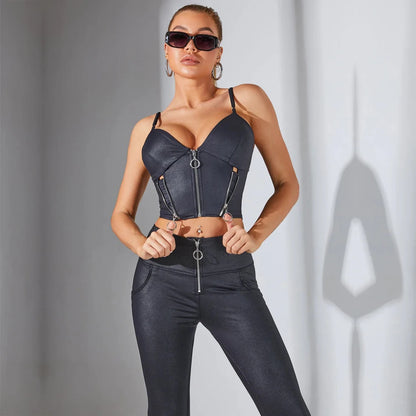Shascullfites lulu Female Crackle Black Coated Ring Zipper Leggings High Waist Hot Pants for Women Sculpture Leggings Push Up