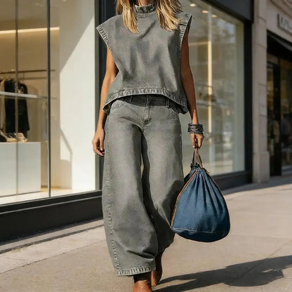 Wide-leg Denim Vest Pants Set Women Summer OutfitSleeveless Top Trousers Set Office Casual Women Outfit Party Wear Two-piece Set - Kimlud