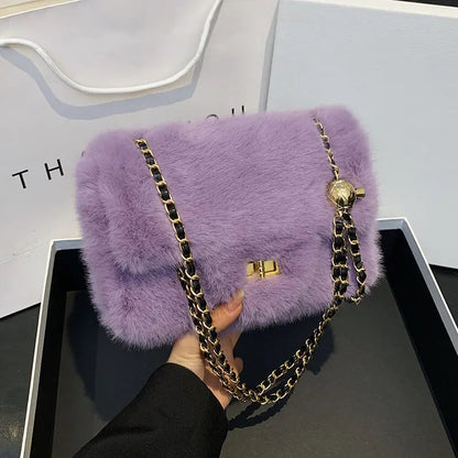 Mini Furry Chain Shoulder Bag for Women New Style Autumn Winter Casual Pure Color Polyester Velvet Lining Crossbody Bag