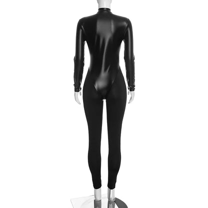 Fashion Black PU Leather Patchwork Skinny Jumpsuits Women O-neck Full Sleeve Zipper Booty Lifting Slim Fit Casual Overalls - Kimlud