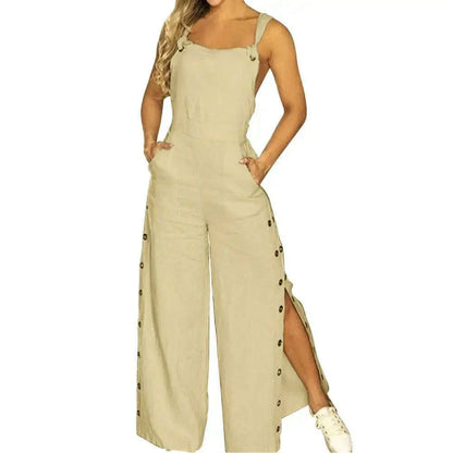 Women's Sleeveless Wide Leg Jumpsuit with Side Pockets And Button Solid Color Loose Straight-Leg Romper for Women Summer Outfit