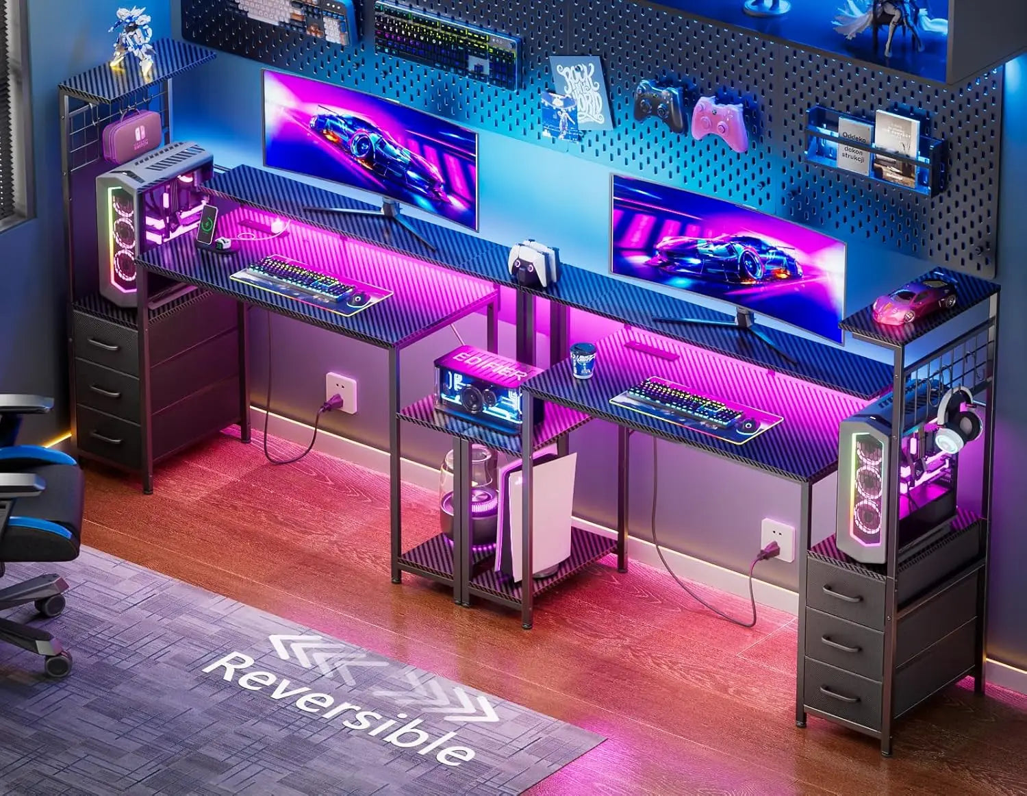 48 Inch Gaming Desk with LED Lights & Power Outlets,Computer Desk with Fabric Drawers & Side Hook,Reversible Gamer,...