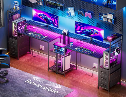 48 Inch Gaming Desk with LED Lights & Power Outlets,Computer Desk with Fabric Drawers & Side Hook,Reversible Gamer,...