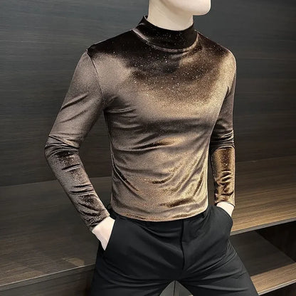 Gold Velvet Men's Long-sleeved T-shirt New Autumn and Winter Half Turtleneck Top Starry Sky Mid-collar Bottoming Shirt |...