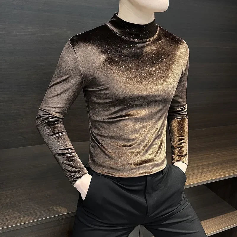 Gold Velvet Men's Long-sleeved T-shirt New Autumn and Winter Half Turtleneck Top Starry Sky Mid-collar Bottoming Shirt |...