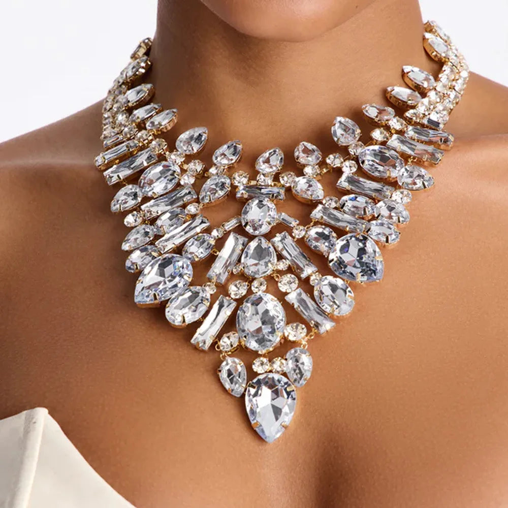 Crystal Bib Necklace Clear Rhinestone Teardrop Statement Choker Adjustable Bridal Jewelry for Women Wedding Prom Evening...