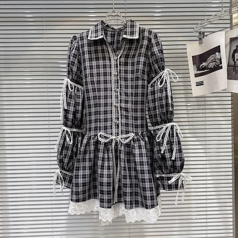 DEAT 2026 Spring New Style Plaid Pattern Bow Tie Long Sleeve Shirt Dresses For Women Contrast Color Sweet Dress Female 11A08637