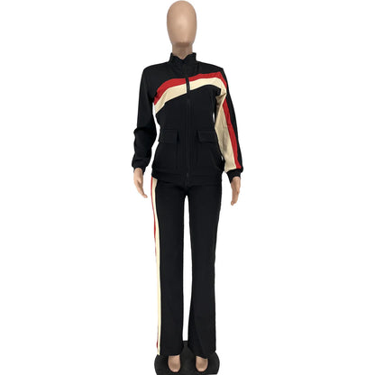 Custom LOGO Spring  Women's Sports Casual Fashion Color-matching Pocket Lapel Zipper Top Straight Pants Two-piece Set S-4XL