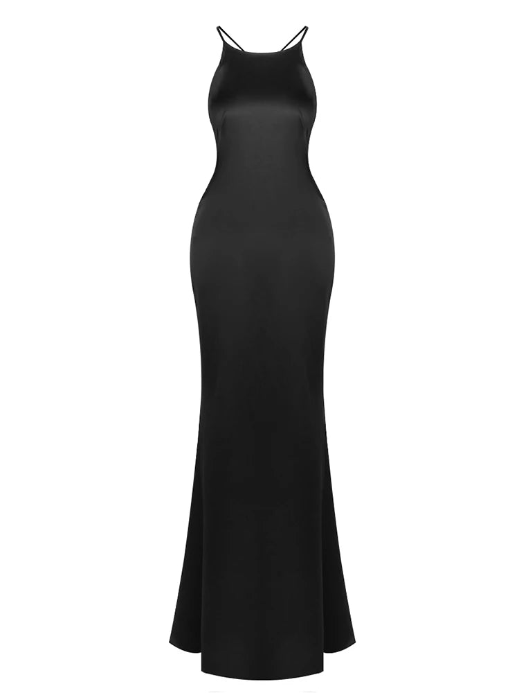 Sexy Halter Neck Straps Backless Diamonds Buckle Long Dress Women Black Sleeveless Slim Elegant Celebrity Evening Party Gowns