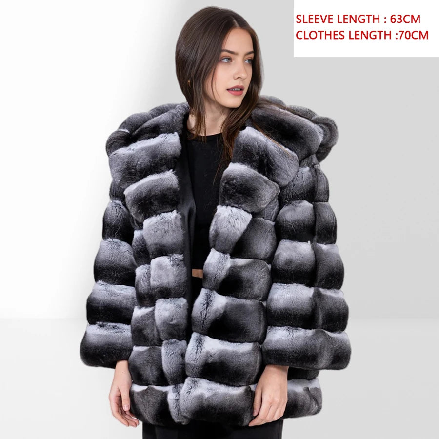 Women's Winter Jacket Real Rex Rabbit Fur Jacket With Hood Chinchilla Color Fur Coat High Quality Genuine Leather Jackets