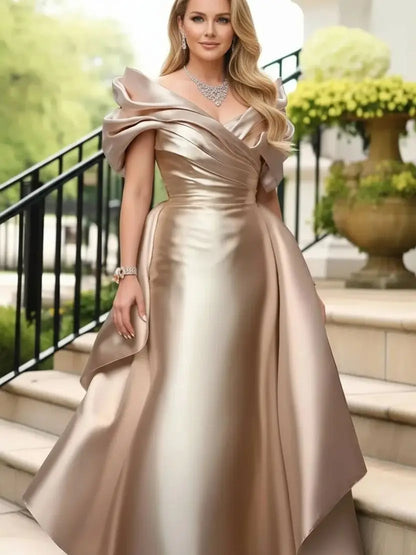 Off Shoulder Puff Sleeve Plus Size Satin Evening Dress for Women's Solid Elegant Cocktail Wedding Guest Maxi Dresses