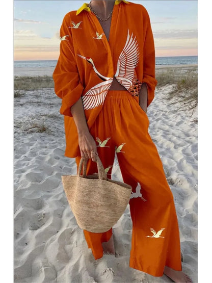 Casual Printed Two Piece Set Women Spring Summer New Fashion Comfort Holiday Button Long Sleeve Shirts And Wide Leg Pants 2 Sets