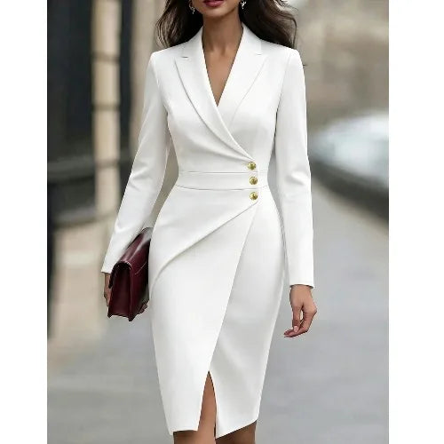Elegant Pink Waist-Cinching Button Decorated Split Midi Long Sleeve Suit Dress for Women Fashionable Commute Business...