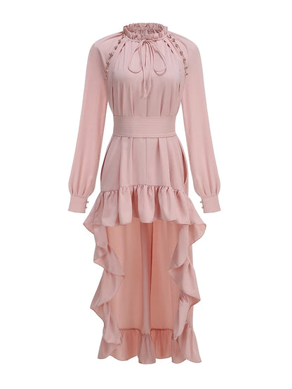 Sexy O Neck Lace Up Buttons Ruched Long Dress Women Pink Long Sleeves Ruffles Slim Dresses Celebrity Evening Party Runway Gowns