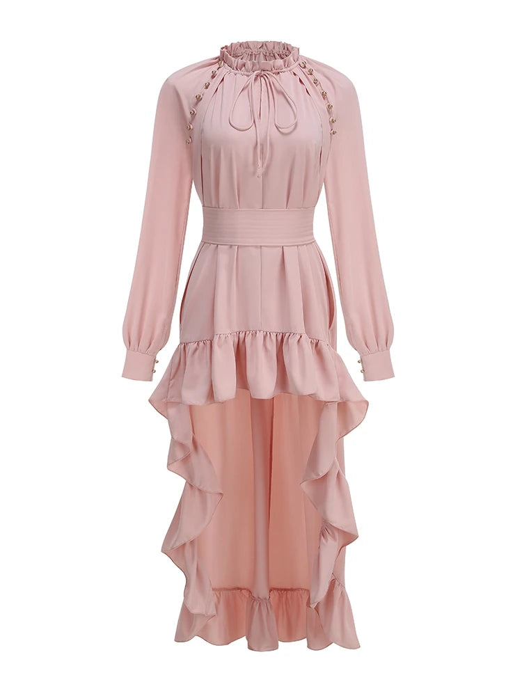 Sexy O Neck Lace Up Buttons Ruched Long Dress Women Pink Long Sleeves Ruffles Slim Dresses Celebrity Evening Party Runway Gowns