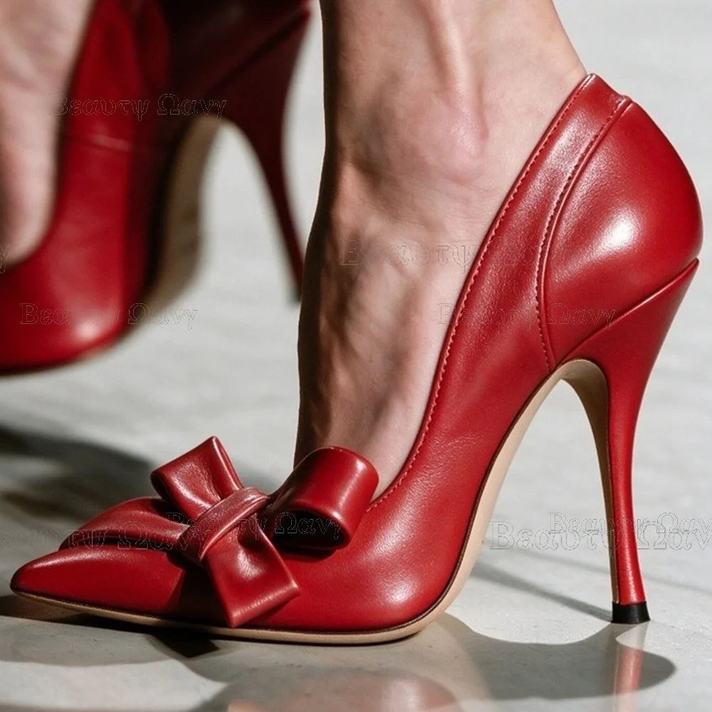 Red Bow Knot Pumps Pointed Toe Women Shoes Solid Slip on Thin High Heel Shoes for Girls Zapatos Para Hombres