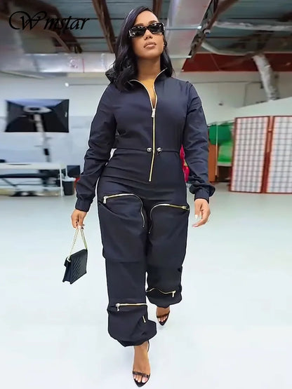 Wmstar Women Jumpsuit S-2XL Solid One Piece Outfits Zipper Cargo Bodysuit Fashion New in Fall Clothes Wholesale Drop Shipping - Kimlud