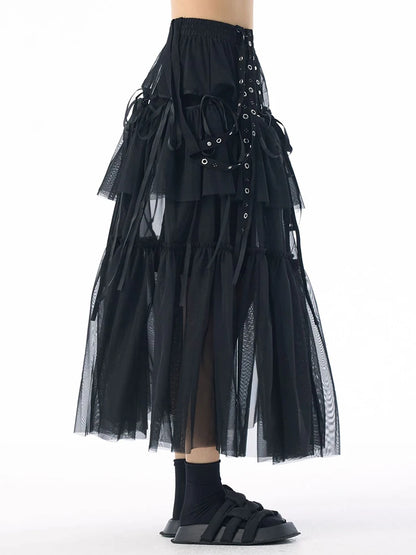 [EAM] High Elastic Waist Coffee Mesh Perspective Ribbon Strap Half-body Skirt Women Fashion Tide New Spring Autumn 2026 1DJ5044