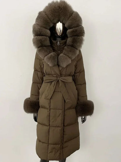 CXFS New Real Raccoon Fox Fur Collar Hooded Natural Long Winter Jacket Women 90 White Duck Down Coat Thick Warm Casual Outerwear