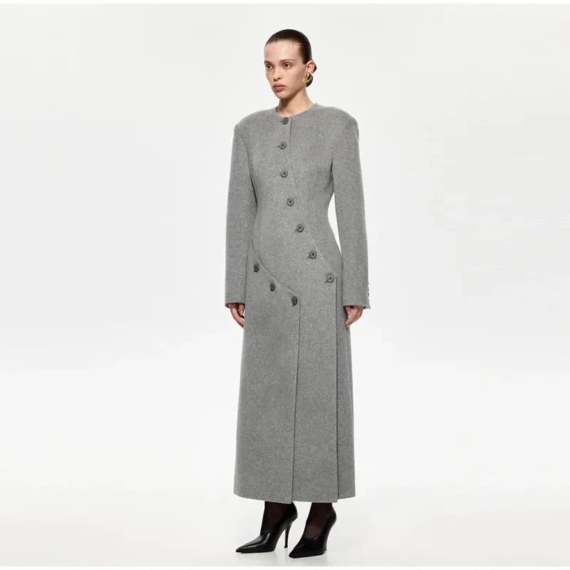 Women's Long Grey Woollen Coat O-neck Full Sleeve Asymmetric Button Design Elegant Silhouette Warm Outerwear 2025 Autumn Coat