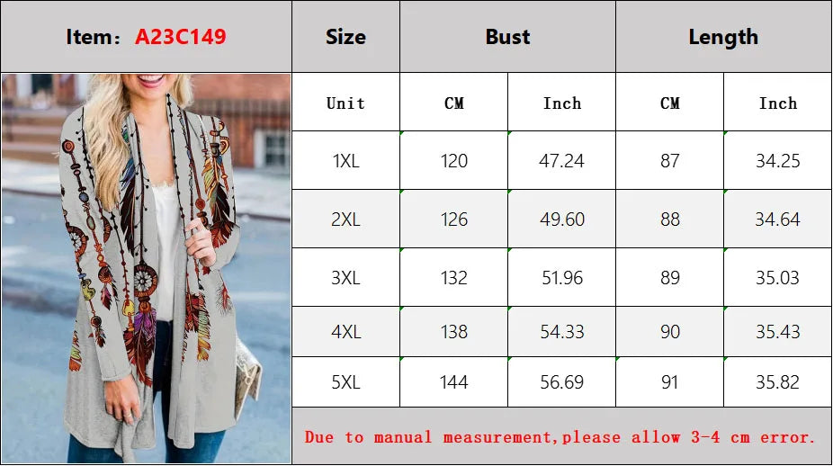 Clearance Plus Size Ethnic Print Long Sleeve Top Coat Bohe Retro Mid-Length Cardigan Daily Comfortable Female Clothing On Sale