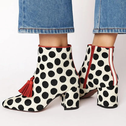 Polka Dot Pattern Tassel Pointed Toe Chunky Heel Women's Ankle Boots 2025 New Fashion Boots Shoes | Kimlud Office...