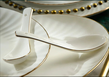 Bowl and dish set bone china tableware set bowl Jingdezhen light luxury simple hand drawn gold ceramic bowl and chopsticks plate - Kimlud