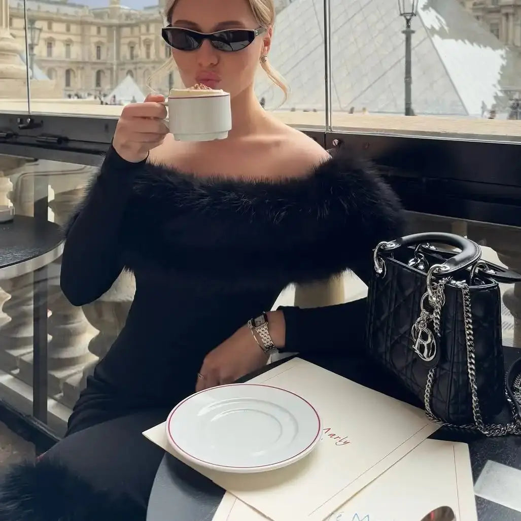 Ofherown Elegant Off Shoulder Black Midi Evening Dress with Faux Fur Long Sleeve Bodycon Party Dress Women Luxury Cocktail Gowns
