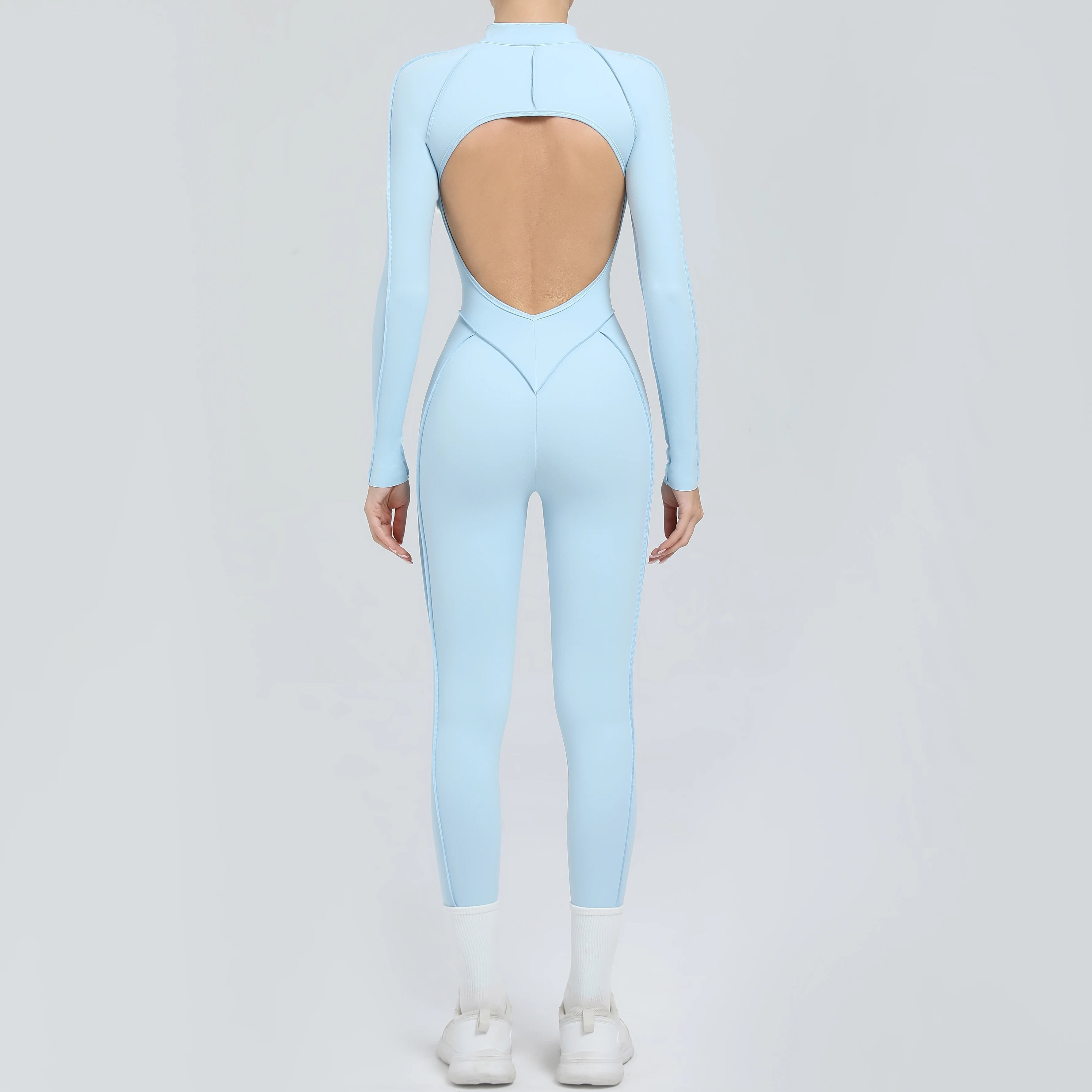 Padded Women Long Sleeve Sport Yoga Jumpsuit Workout Clothes for Women Sportwear Backless Zipper Fitness Gym Outfit