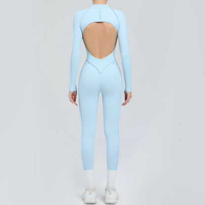 Padded Women Long Sleeve Sport Yoga Jumpsuit Workout Clothes for Women Sportwear Backless Zipper Fitness Gym Outfit