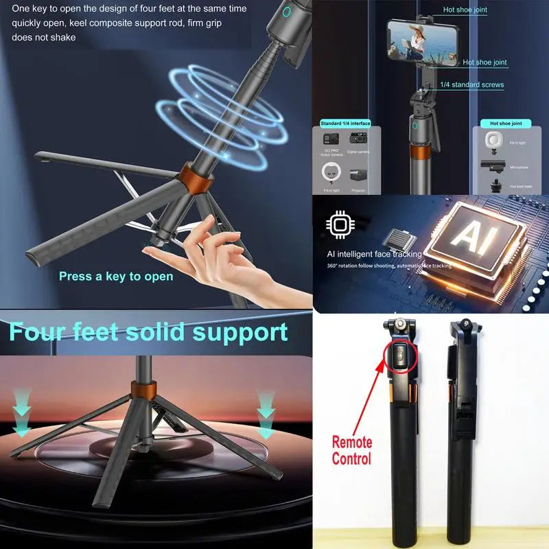 360-Rotatable Selfie Stick Tripod, Rechargeable Smart Face Tracking Tripod with 2 Fill Light, Phone Holder for  Live Streaming