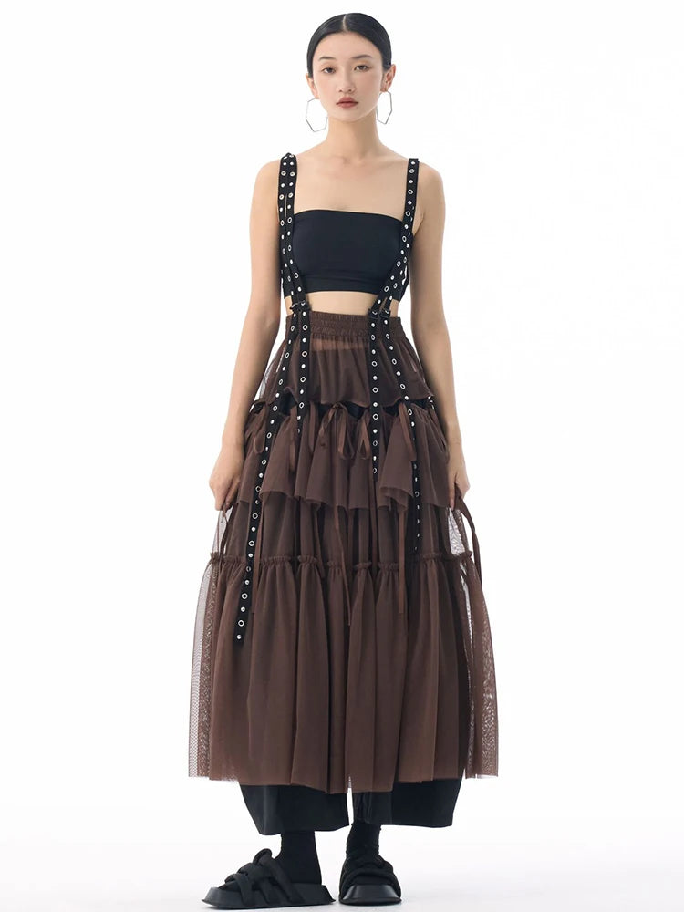 [EAM] High Elastic Waist Coffee Mesh Perspective Ribbon Strap Half-body Skirt Women Fashion Tide New Spring Autumn 2026 1DJ5044