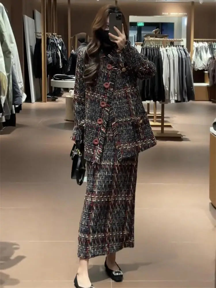 Winter new women fashion high-end temperament coarse weave small fragrance style coat+half skirt elegant two piece set |...