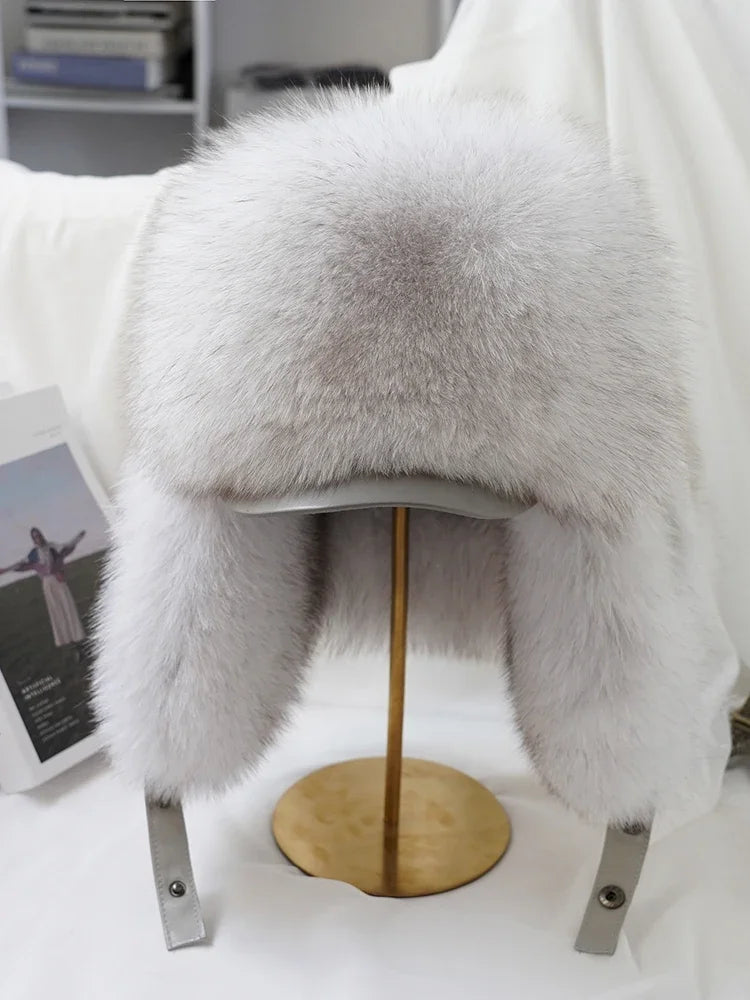 New Winter Men's 100% Real Silver Fox Fur Bomber Hat Raccoon Fur Ushanka Cap Trapper Russian Man Ski Hats Caps Real Leather Top - Kimlud