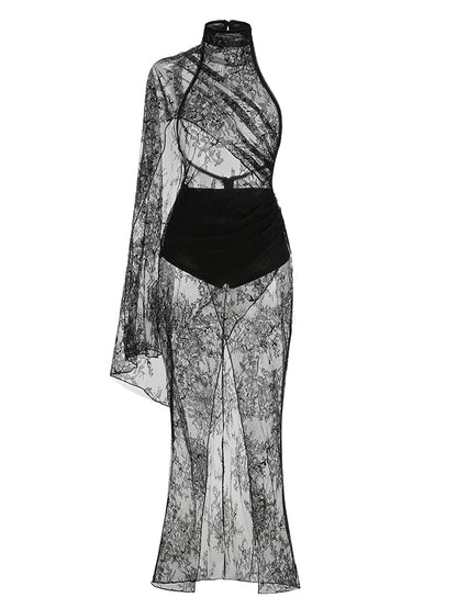 Sexy Backless High Neck Lace See Through Draped Folds Split Long Dress Women Black Sleeveless Slim Dresses Evening Party Gowns