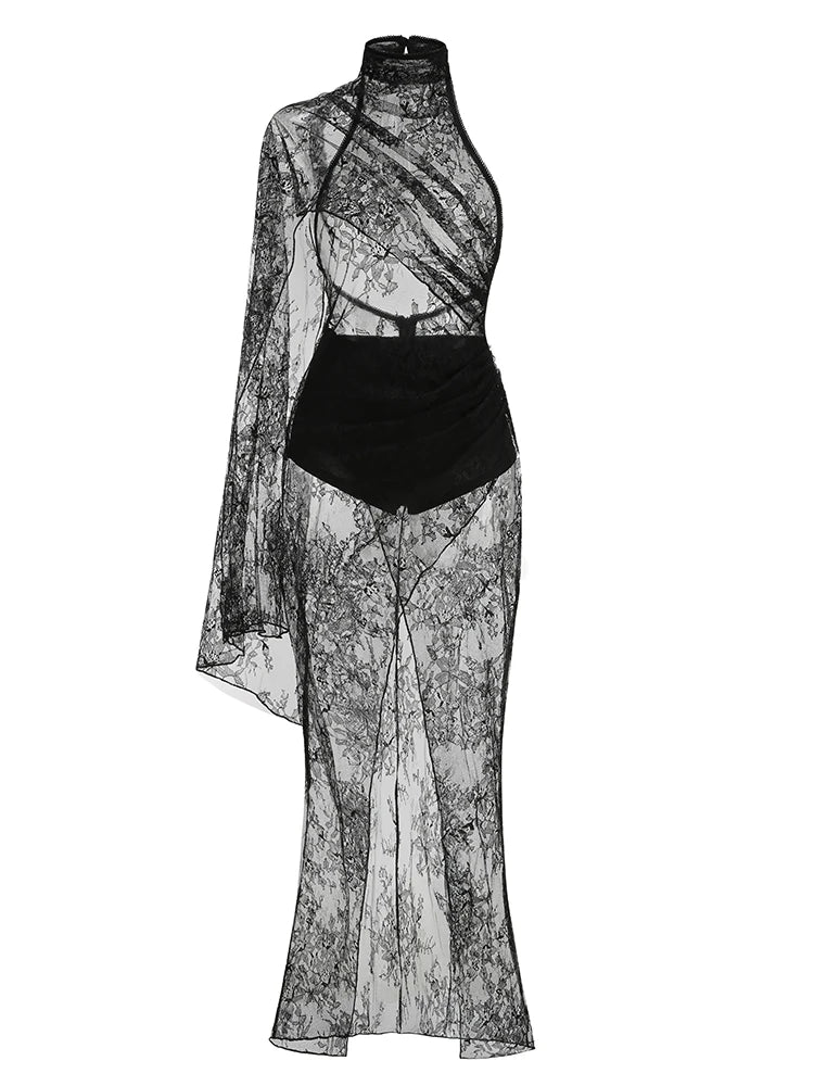 Sexy Backless High Neck Lace See Through Draped Folds Split Long Dress Women Black Sleeveless Slim Dresses Evening Party Gowns