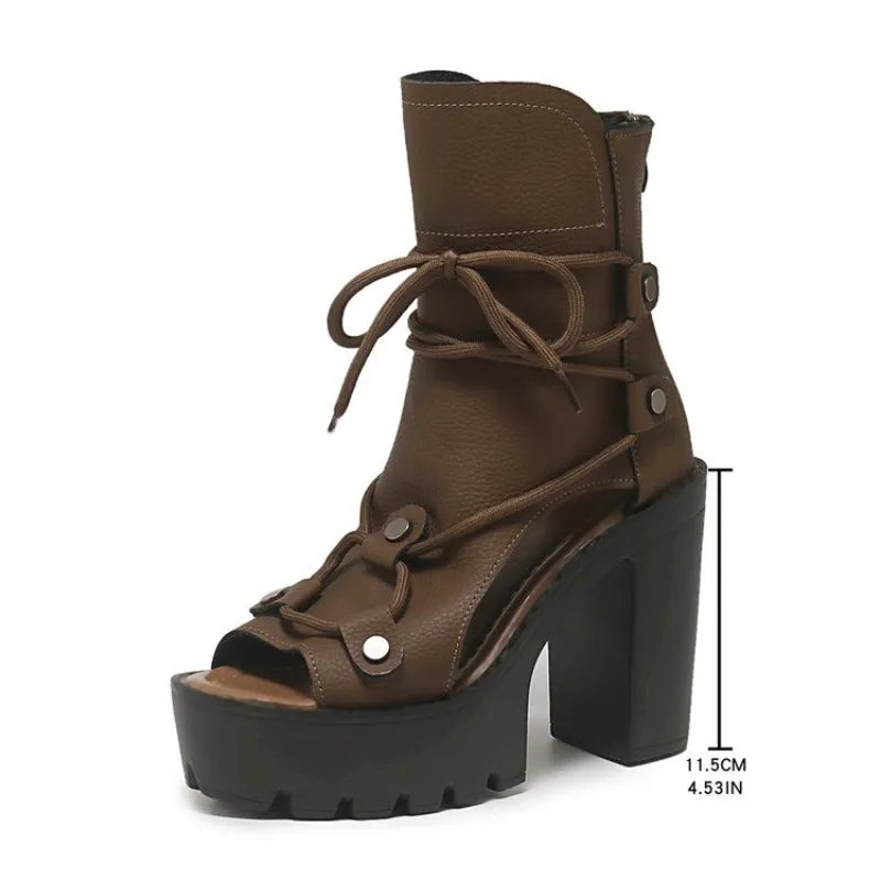 Women's Platform High Heel Ankle Boots Open Toe Lace Up Sandals Textured Finish Chunky Block Heel Zipper Closure Fashion...
