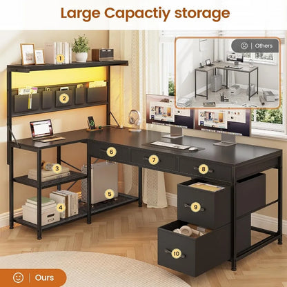 L Shaped Gaming Desk with 5 Drawers and Storage Shelves for Home Office and Study Room Reversible Corner Computer Desk with Bui - Kimlud