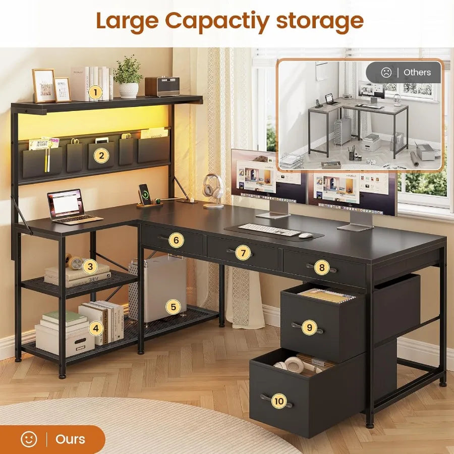 L Shaped Gaming Desk with 5 Drawers and Storage Shelves for Home Office and Study Room Reversible Corner Computer Desk with Bui - Kimlud