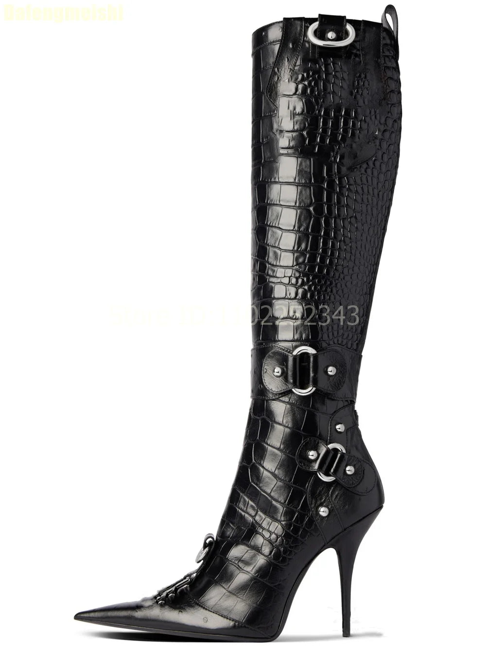 2025 New Stiletto High Heels Crocodile Pattern Boots Fashion B Button Motorcycle Pointed Toe Boots Womens Black Knee-High Boots