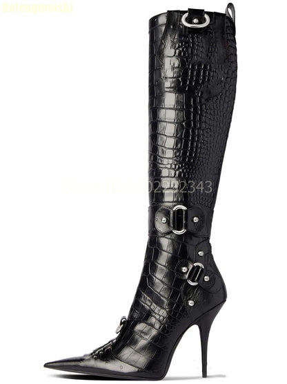 2025 New Stiletto High Heels Crocodile Pattern Boots Fashion B Button Motorcycle Pointed Toe Boots Womens Black Knee-High Boots