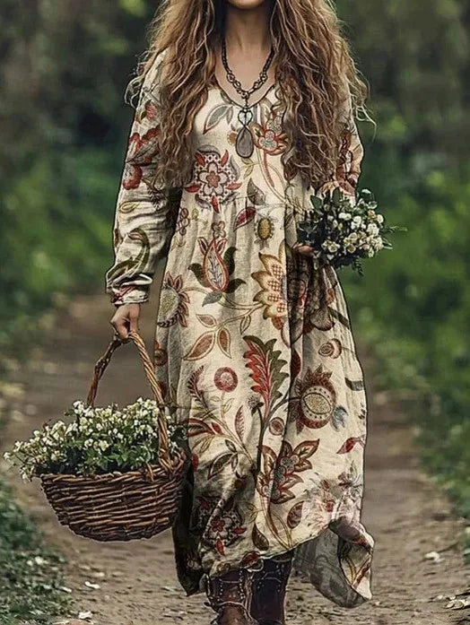 Boho Vintage Print Long Dresses For Women 2025 Casual V Neck Full Sleeve Splice High Waist Loose Dress Autumn Fashion Vestidos - Kimlud