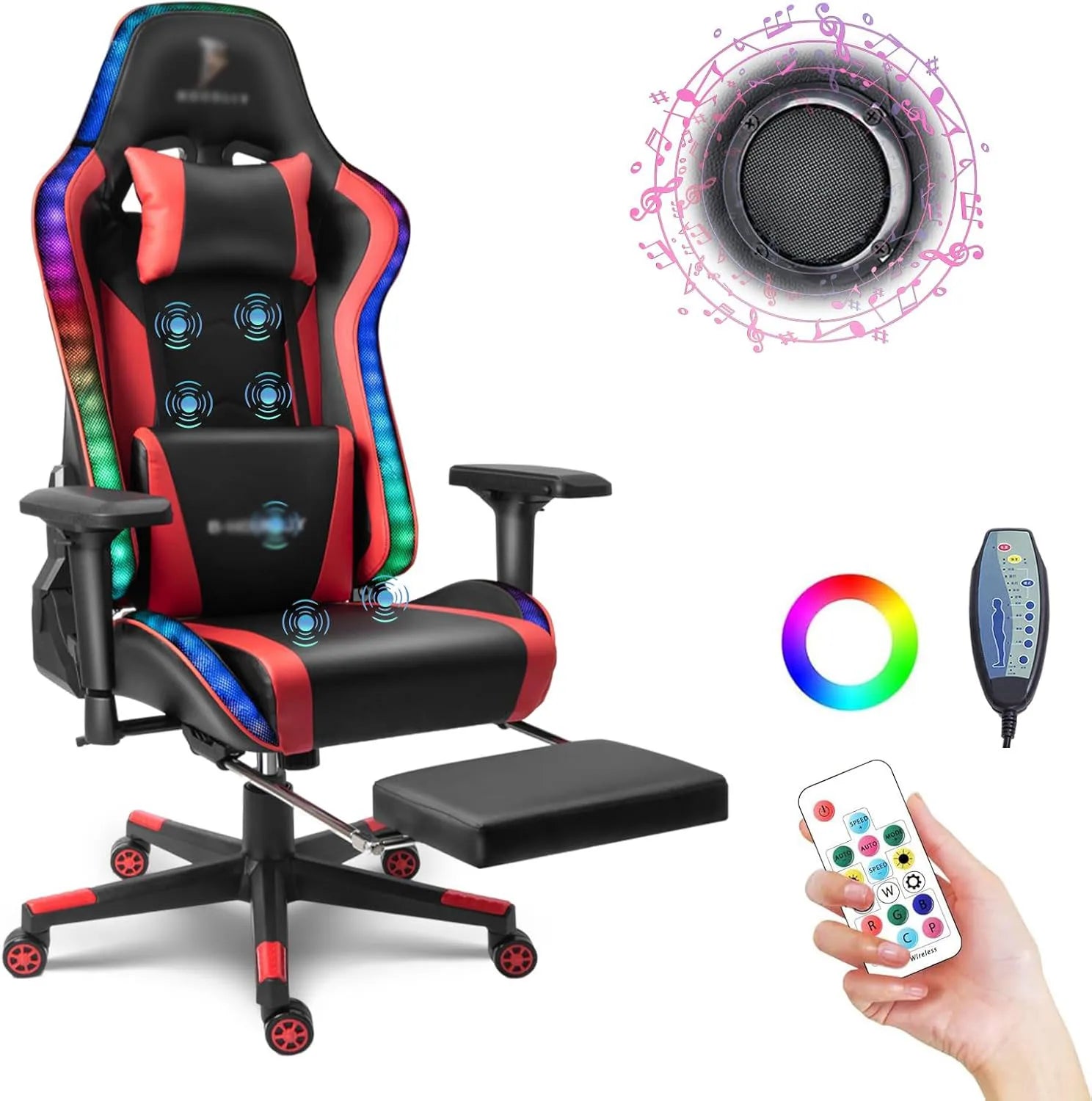 Massage Gaming Chair with Speakers and RGB LED Lights Footrest Music Video Game Chair with Lumbar Support Swivel  Adjustable