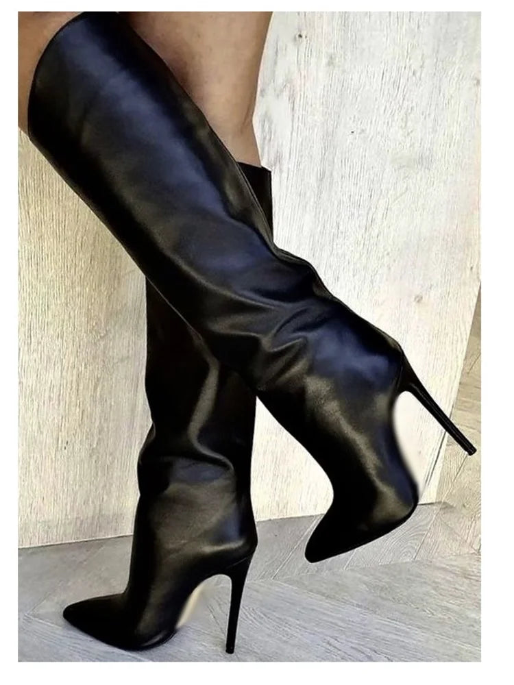Black Fold Over Knee High Matte Boots Thin High Heel Pointed Toe Cool Sexy Fashionable Winter 2025 Woman Shoes Zapatillas Mujer