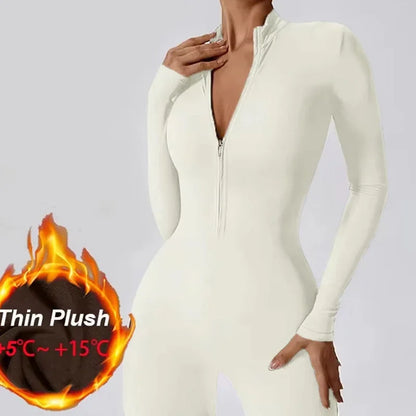 Warm Thin Fleece Jumpsuits Women's Tracksuit Winter One-Piece Sports Suit Black Fitness Jumpsuit Long Sleeves Workout Bodysuit - Kimlud