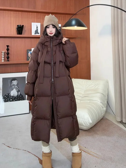 Women's Down Cotton Padded Jackets Korean Thickened Warm Long Overcoat Solid Hooded Overall Topcoat 2024 Winter